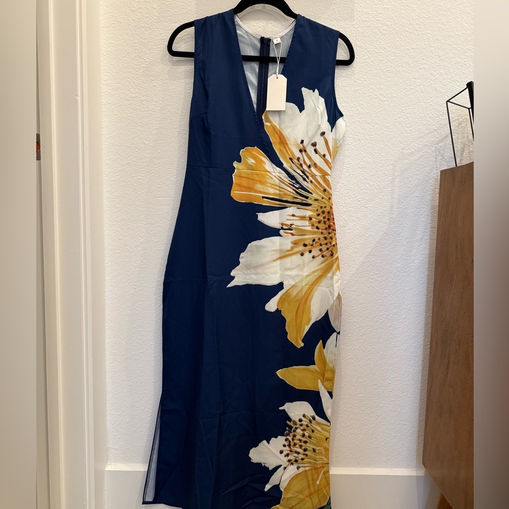 OGL V-Neck Navy Midi Dress with Yellow Floral Design